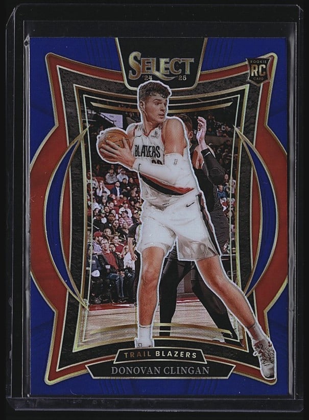 2024 Panini Select #69 Donovan Clingan Blazers: 2024 Panini Select #69 Donovan Clingan rookie card featuring the Portland Trail Blazers guard in white uniform. The card displays a striking die-cut design with blue and gold framing typical of