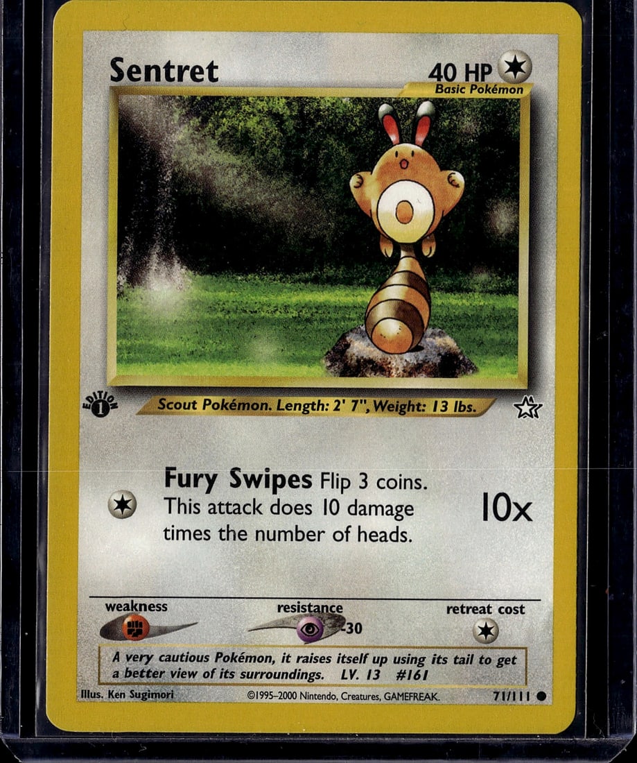 Sentret 71/111 Neo Genesis Pokemon Card: This is a vintage Sentret Pokemon card from the Neo Genesis set, released in 2000. Card number 71/111 features the iconic Scout Pokemon in raw, ungraded condition. The card displays the classic Ken