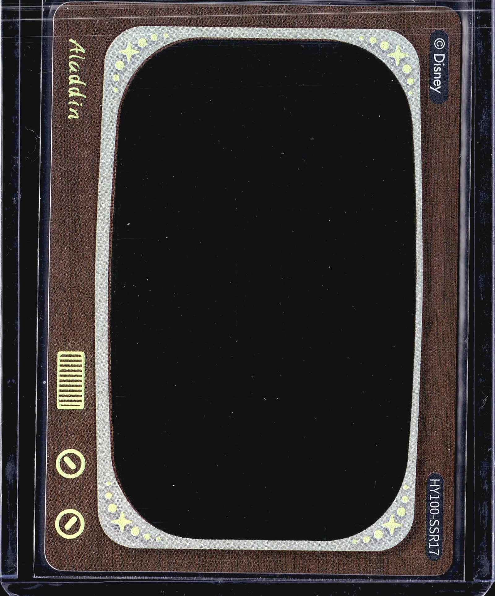 2023 Card Fun Disney 100 Heat Activated Movie: This is a Disney 100 Heat Activated Movie Scenes card from Card Fun, featuring Aladdin, card number HY100-SSR17. The card showcases a retro vintage television set frame design with wood-grain styling,
