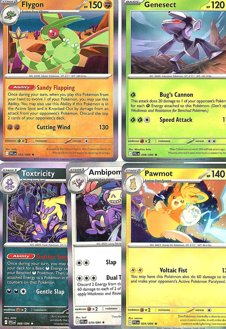 Pokemon Raw Singles holo Lot - Flygon Genesect: Lot of 5 raw Pokemon cards featuring Flygon (Stage 2, 150 HP), Genesect (Basic, 120 HP), Toxtricity (Stage 1), Ambipom (Stage 2), and Pawmot (Stage 2, 140 HP). Mix of holographic and reverse holograph