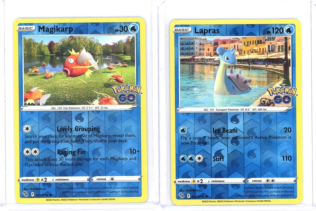 2022 Pokemon GO Magikarp 021/078 Near Mint Card: This listing features two raw Pokemon cards from the 2022 Pokemon GO set: Magikarp (021/078) and Lapras (023/078). Magikarp is a Basic Water-type with 30 HP, featuring the moves Lively Grouping and
