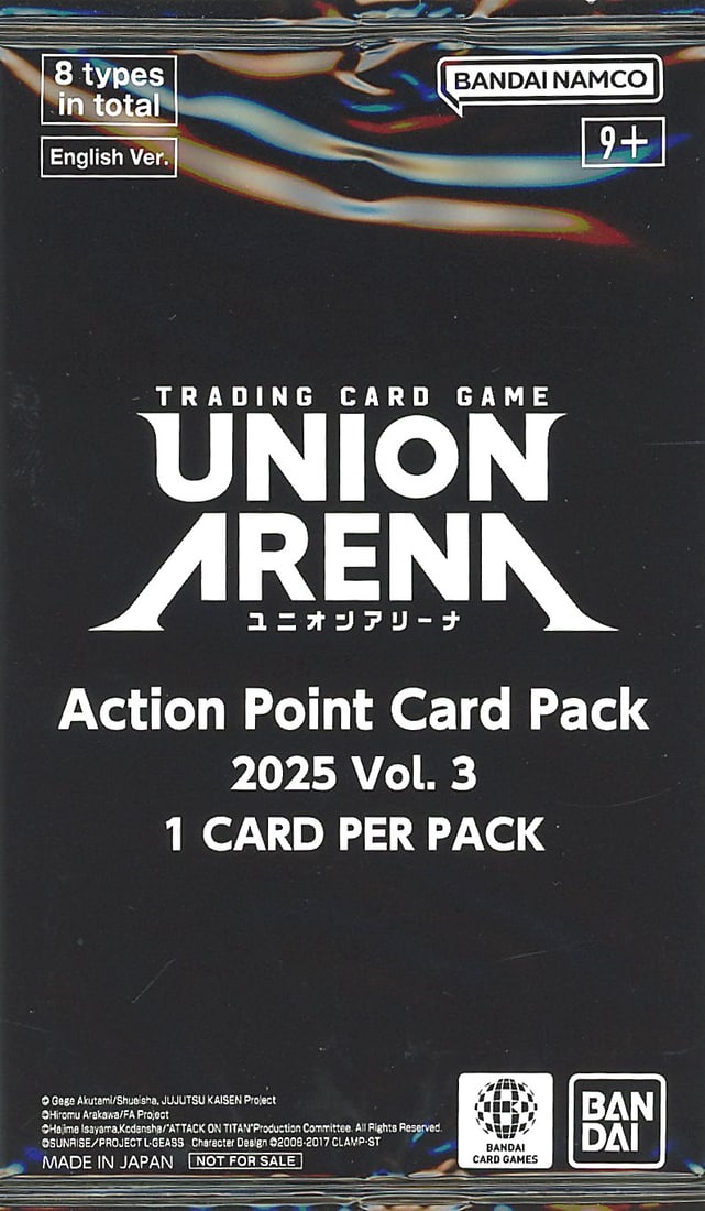 Union Arena 2025 Vol. 3 Action Point Card Pack: This is a single booster pack from the Union Arena Trading Card Game Action Point Card Pack 2025 Vol. 3 release by Bandai Namco. The pack contains 1 card per pack and is English version. Union Arena