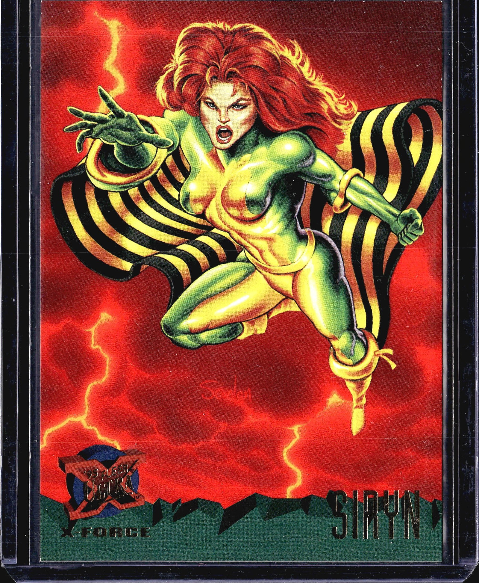 1995 Fleer Ultra X-Men #118 Siryn Comic Card: This is card #118 from the 1995 Fleer Ultra X-Men set, featuring Siryn from the X-Force team. The front showcases artwork by Peter Scanlan depicting Theresa Rourke Cassidy in her signature yellow and