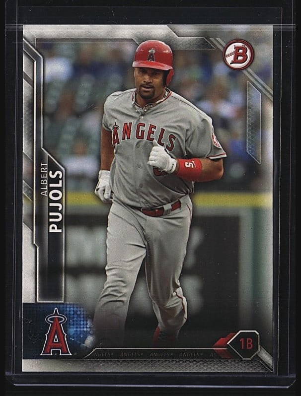 2016 Bowman Albert Pujols #3 Baseball Card Mint: This is a 2016 Bowman #3 baseball card featuring Albert Pujols. The card is in Mint condition, presenting clean corners, sharp focus, and excellent overall preservation. This card captures one of