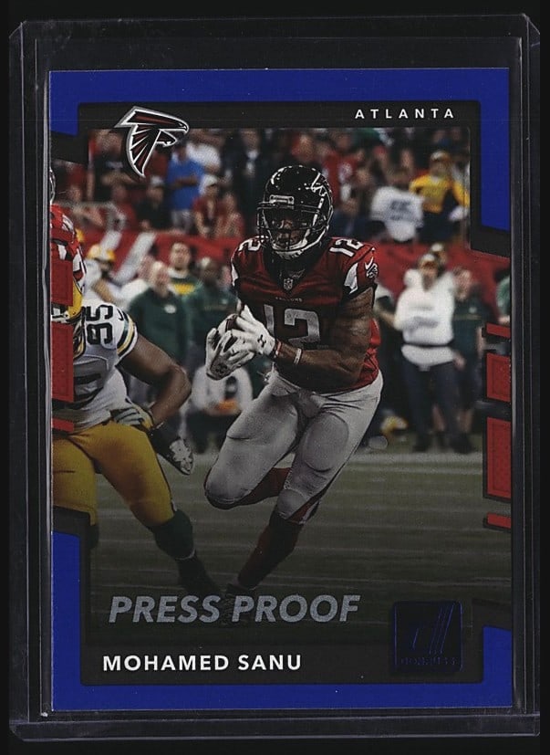 2016 Panini Donruss Mohamed Sanu Press Proof #16: 2017 Panini Donruss Mohamed Sanu Press Proof raw football card featuring the Atlanta Falcons wide receiver. This ungraded single showcases Sanu in action during his 2016 season with the Falcons, when