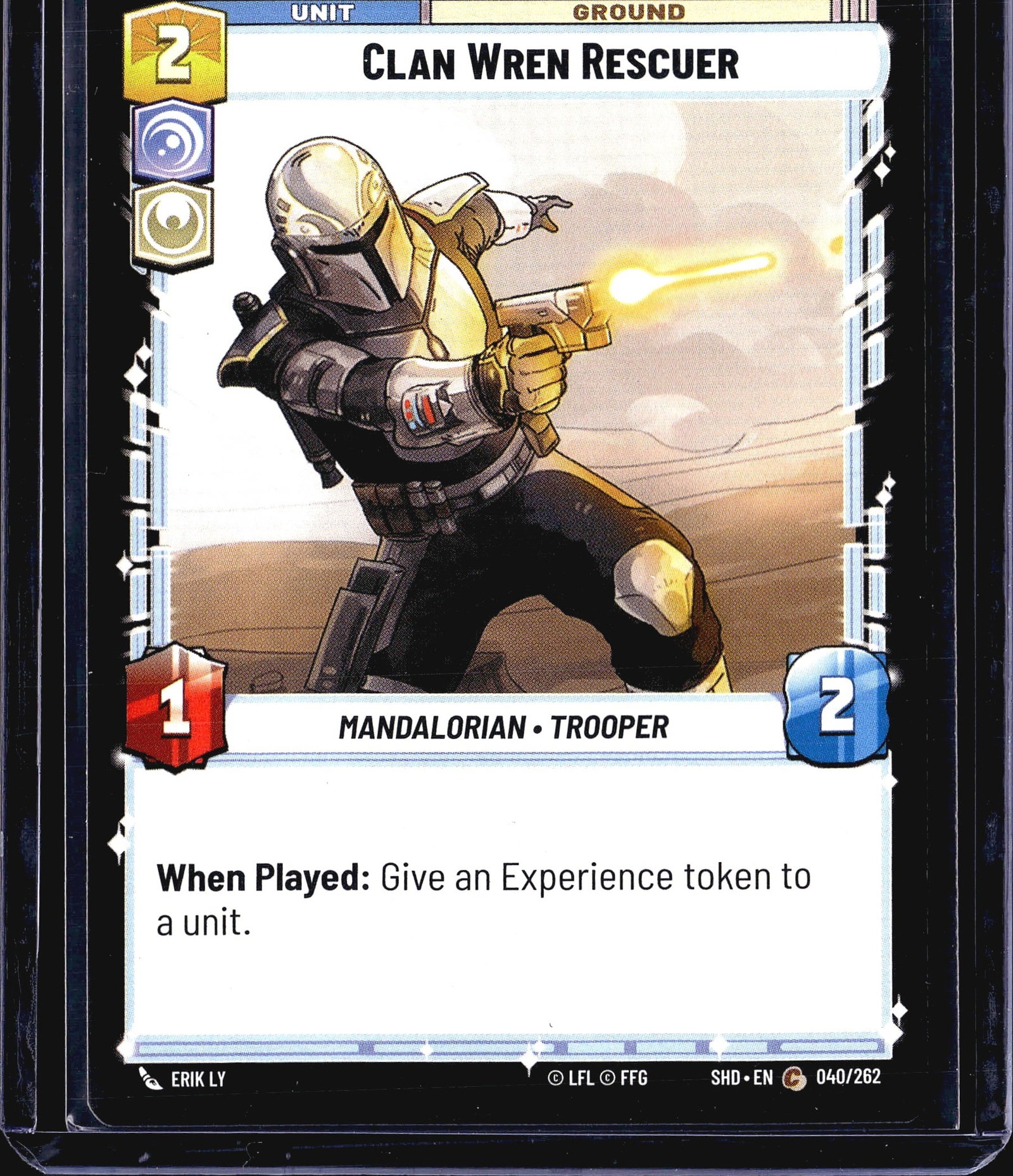 2024 Fantasy Flight Games Shadows of the Galaxy: This listing is for the Clan Wren Rescuer unit card (#040/262) from the Star Wars Unlimited trading card game set Shadows of the Galaxy (SHD). The card is a Ground Unit with a cost of 2, featuring