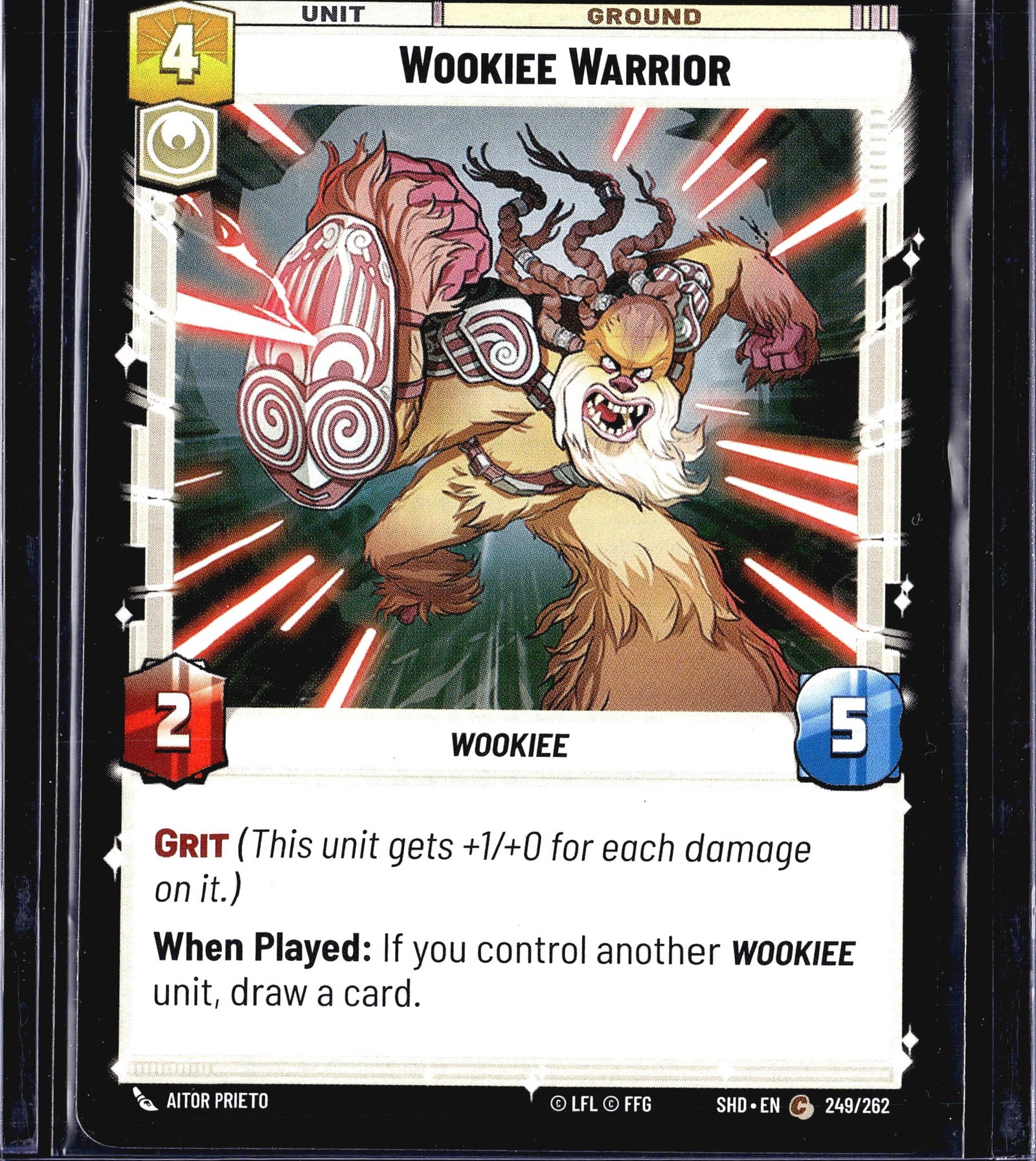 2024 FFG Shadows of the Galaxy 249/262 Wookiee: This listing is for the Wookiee Warrior unit card from the Star Wars Unlimited trading card game, card number 249/262 from the Shadows of the Galaxy (SHD) set, published by Fantasy Flight Games
