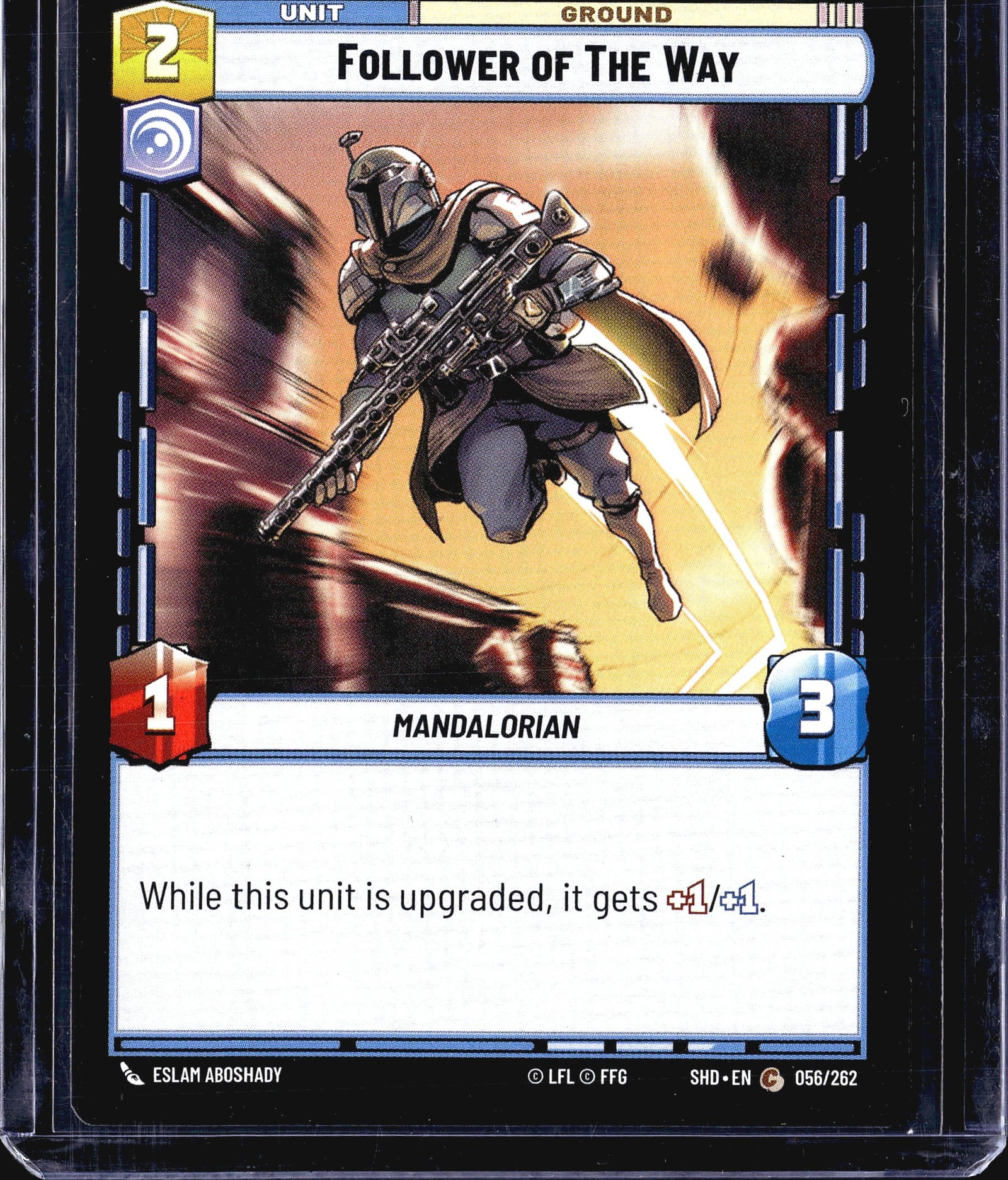 2024 Fantasy Flight Games Shadows of the Galaxy: This listing is for the Star Wars Unlimited Trading Card Game card Follower of The Way, card number 056/262 from the Shadows of the Galaxy set (SHD). It is a Ground Unit with a cost of 2, featuring