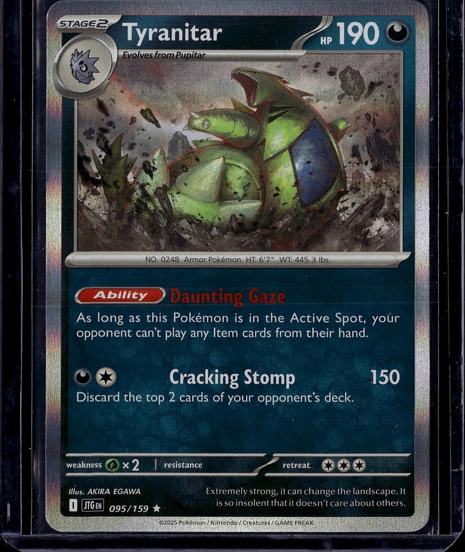 Tyranitar 095/159 Pokemon Card - Stage 2 Armor: This is a raw Tyranitar Pokemon trading card from the modern Scarlet & Violet series, card number 095/159. It features the Stage 2 Armor Pokemon with 190 HP, illustrated by Akira Egawa. The card
