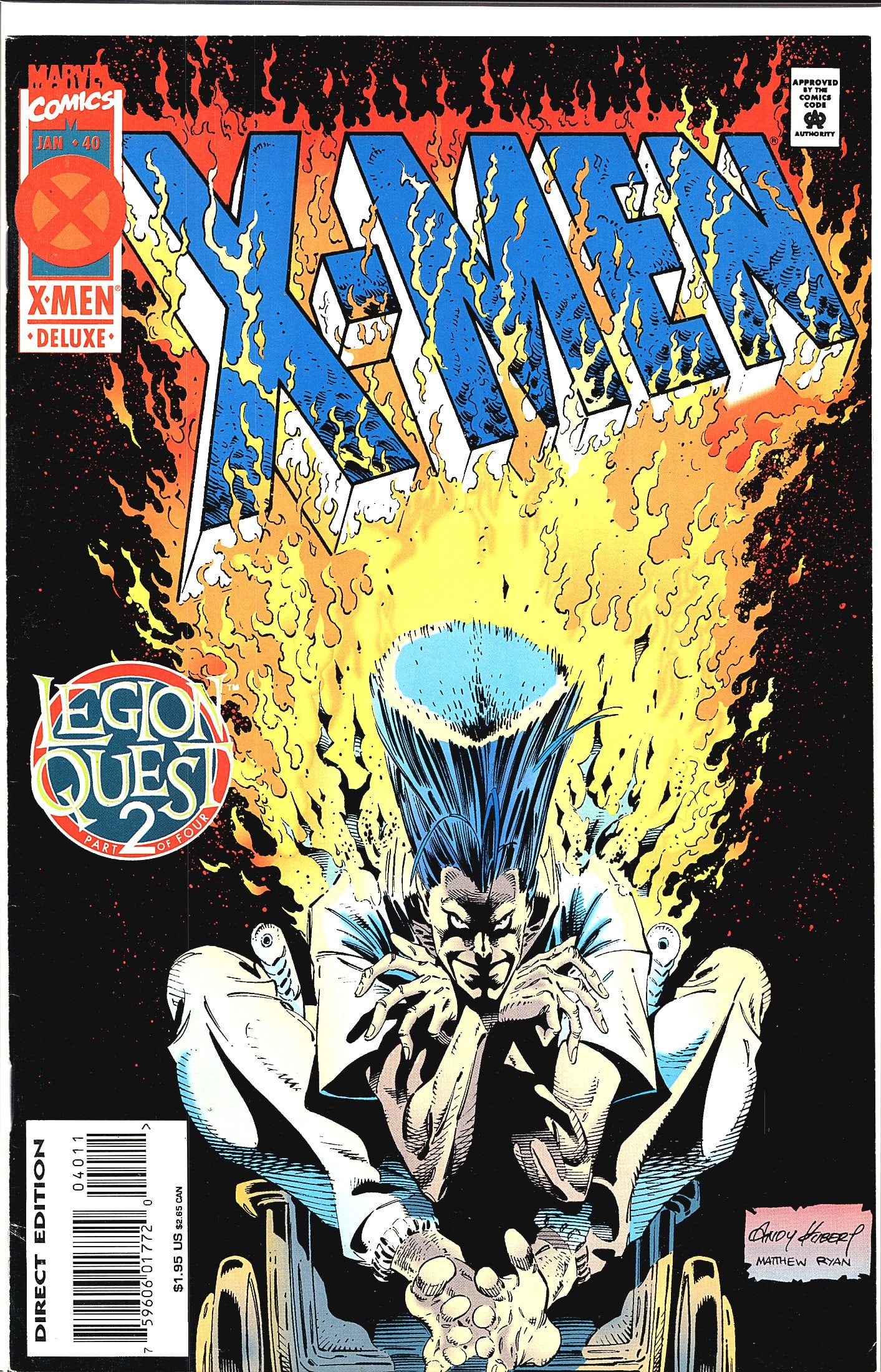1995 Marvel X-Men Second Series Vol. 2 #40 Comic: X-Men #40 (January 1995) published by Marvel Comics, part of the 'Legion Quest' crossover event - specifically Part 2 of 4. This is the Deluxe Direct Edition, priced at $1.95 US / $2.65 CAN. The cover