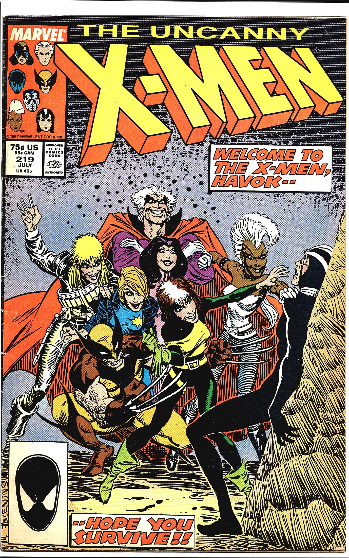 Uncanny X-Men #219 Marvel 1987 Welcome to the: Uncanny X-Men #219, published by Marvel Comics in July 1987, features the iconic cover tagline 'Welcome to the X-Men, Havok - Hope You Survive!!' The cover art depicts a dynamic group shot of the