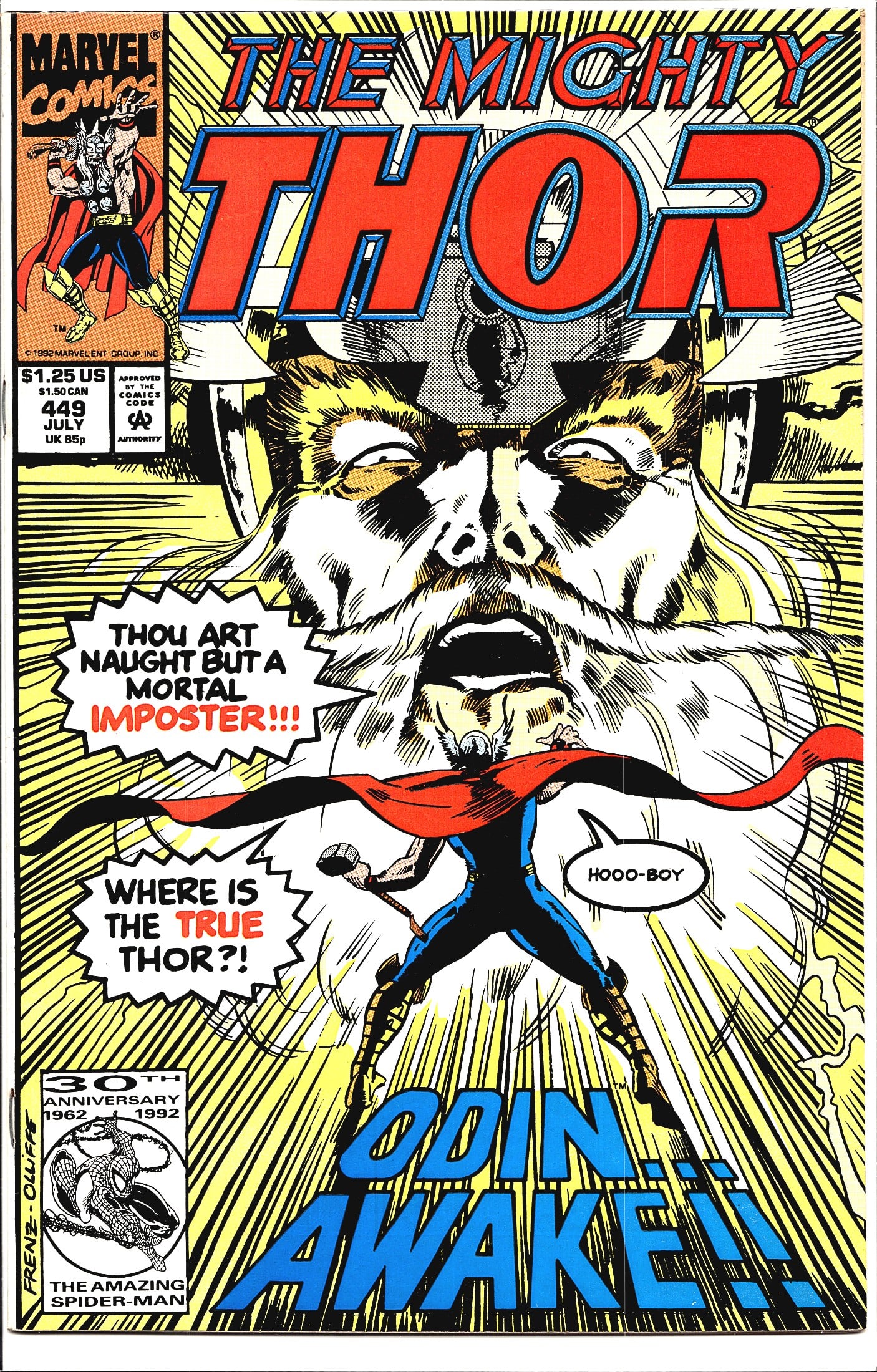1992 Marvel The Mighty Thor #449 Comic Book: This is issue #449 of The Mighty Thor from Marvel Comics, cover dated July 1992 and priced at $1.25 US. The cover, credited to Frenz and Olliffe, features a dramatic scene of the giant face of Odin aw