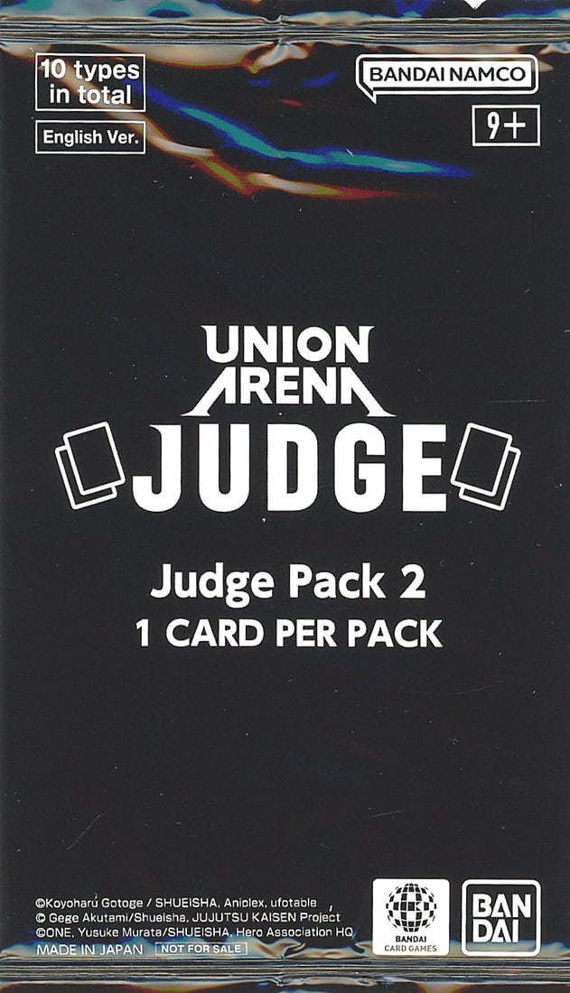 Bandai Union Arena Judge Pack 2 Tournament Promo: This listing is for one sealed Union Arena Judge Pack 2 from Bandai Namco, English Version. The pack contains 1 card per pack and features 10 types in total across the Judge Pack 2 set. As indicated
