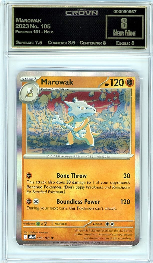 2023 Marowak Pokemon 151 - Holo #105 Crown 8.00: Graded by Crown Grading. Grade: 8.00. Near Mint