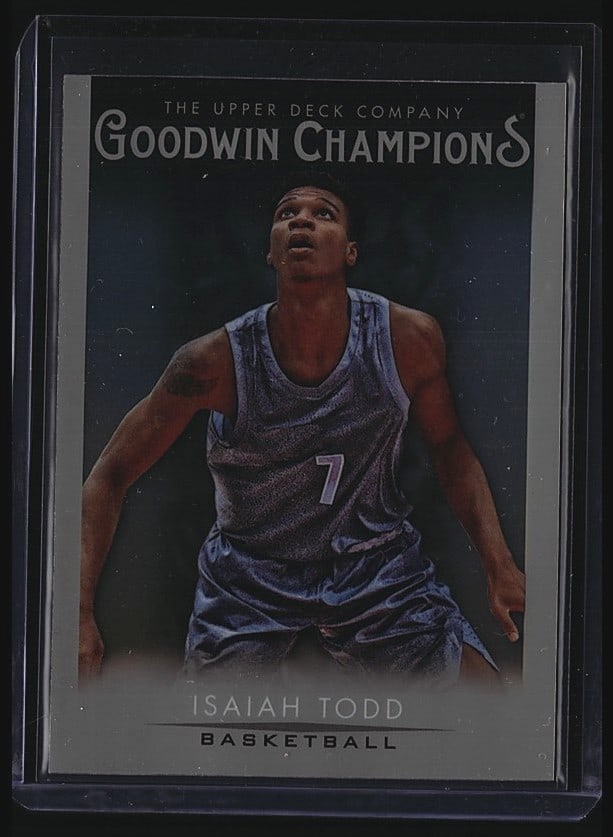 2021 Upper Deck Goodwin Champions Isaiah Todd #4: 2021 Upper Deck Goodwin Champions Isaiah Todd basketball card #4. Features Todd wearing a purple number 7 jersey. Card shows player height 6'10", weight 210 lbs., position Forward, born October 17, 20