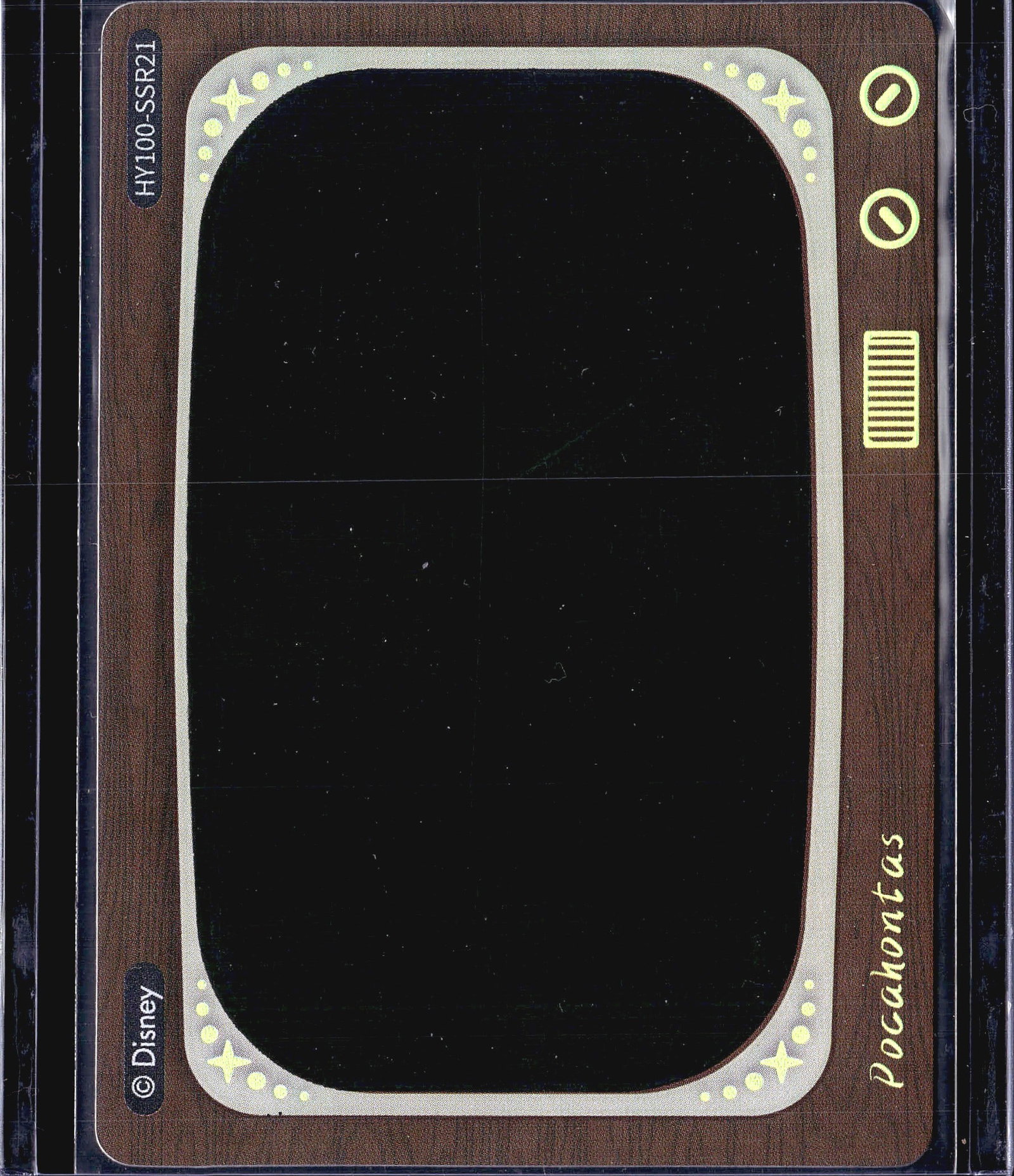 Disney 100 Heat Activated Movie Scenes: This listing features the Disney 100 Heat Activated Movie Scenes card featuring Pocahontas, numbered HY100-SSR21, produced by Card Fun. The card showcases a retro vintage television set frame design w