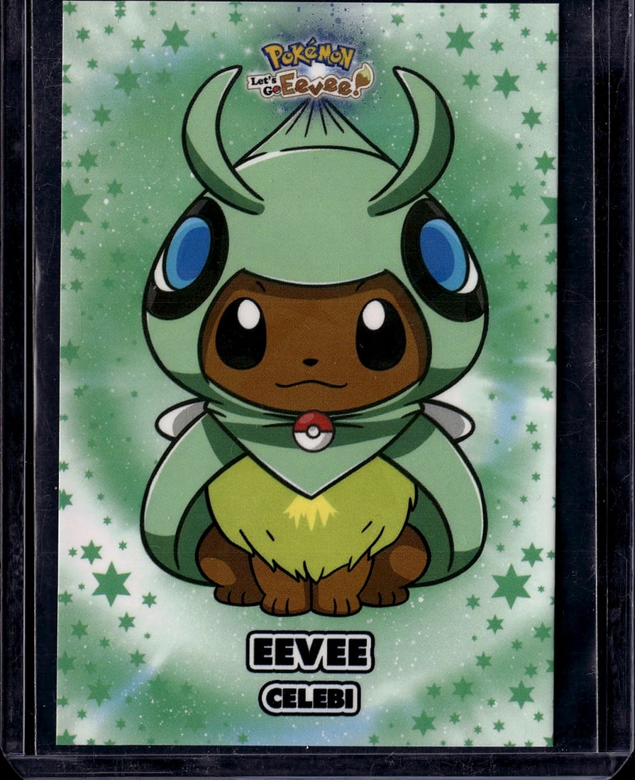 Pokemon Let's Go Eevee Celebi Card Collectible: This is an official Pokemon Let's Go Eevee promotional card featuring Celebi, the legendary psychic/grass-type Pokemon. The card showcases vibrant artwork with Celebi displayed in its signature pose