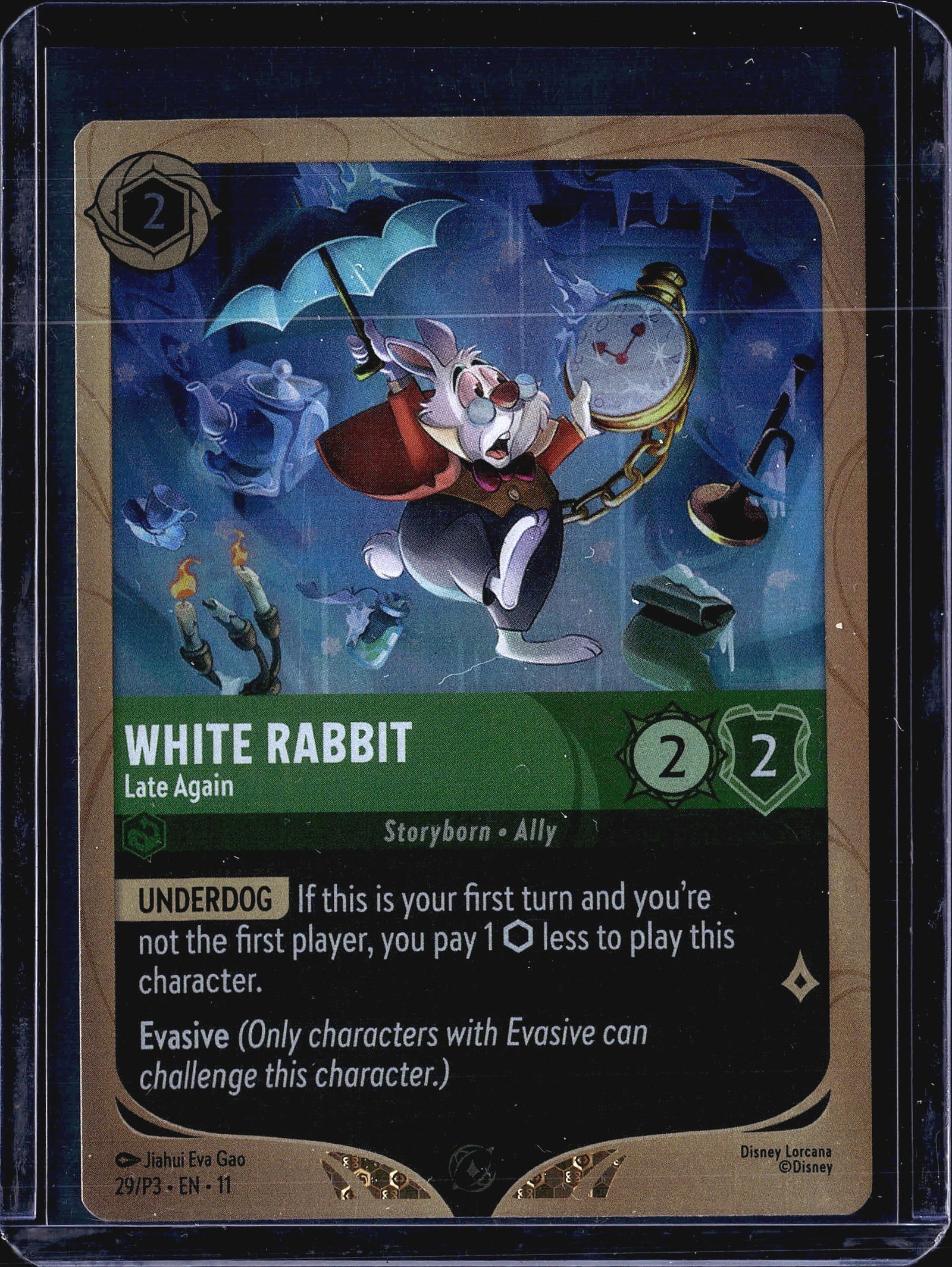 2024 Disney Lorcana Winterspell White Rabbit: This listing features the White Rabbit - Late Again promo card from Disney Lorcana, card number 29/P3 from the EN-11 promo set. Illustrated by Jiahui Eva Gao, the card depicts the iconic White Rabbit