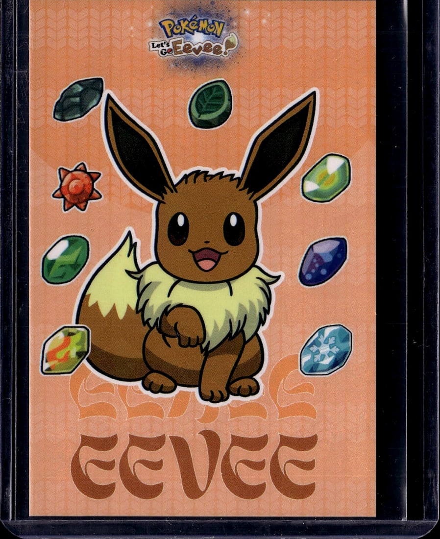 Pokemon Let's Go Eevee Official Game Case: This is an official Pokemon Let's Go Eevee collectible sleeve or case featuring the beloved Eevee character. The item displays vibrant artwork of Eevee with its characteristic cheerful expression,