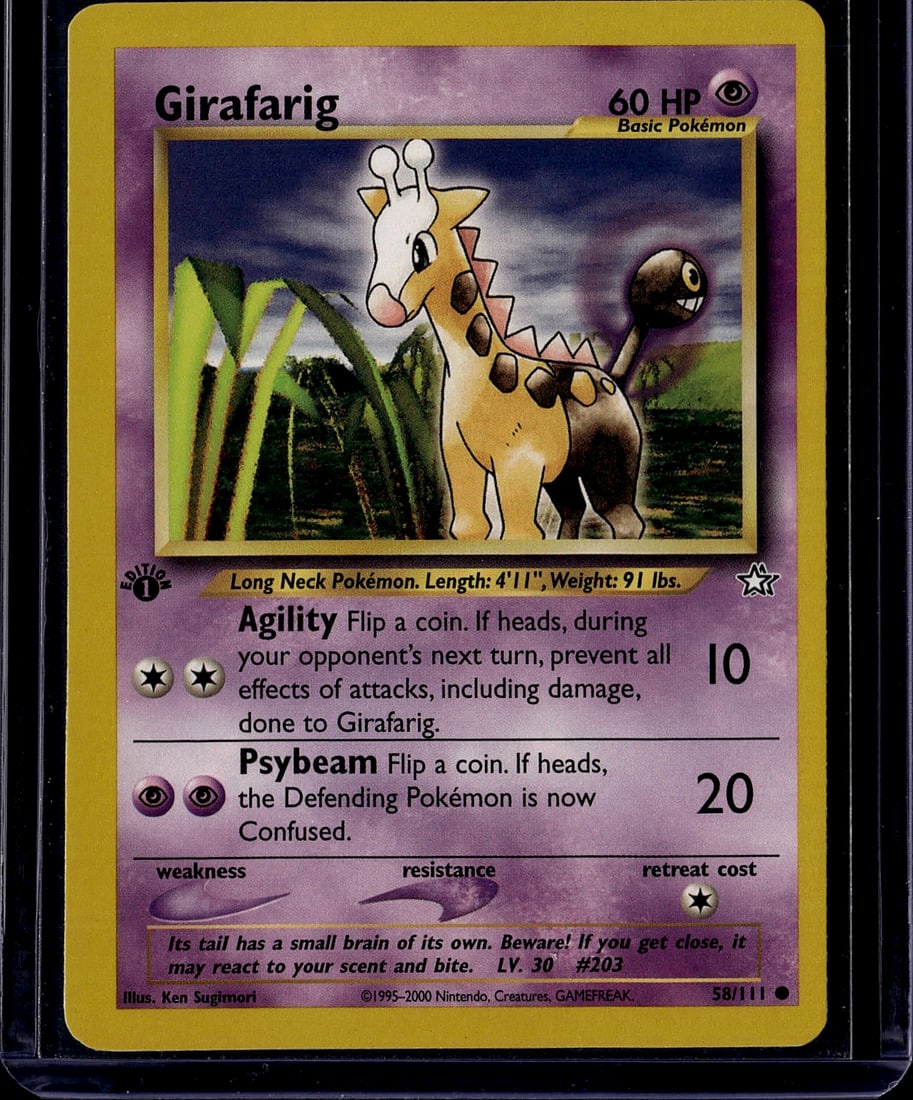 2000 Wizards of the Coast Neo Genesis Girafarig: Girafarig is a Common Basic Psychic-type Pokemon card from the Neo Genesis expansion, the 8th Pokemon TCG set released by Wizards of the Coast in December 2000. Neo Genesis was the first set to