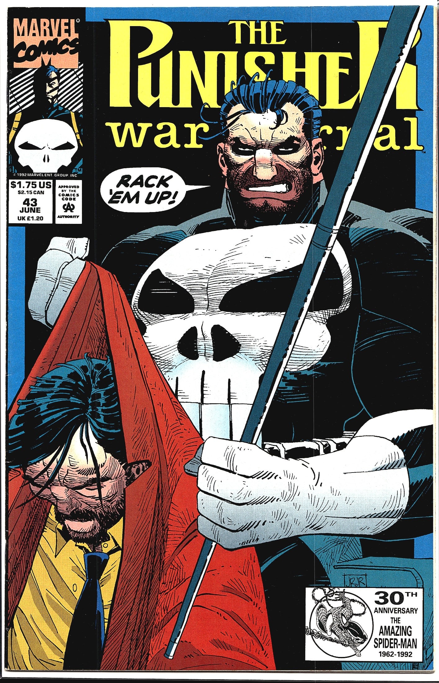 1992 Marvel The Punisher War Journal #43 "Rack: This is issue #43 of Marvel Comics' The Punisher War Journal, cover dated June 1992 and priced at $1.75 US / $2.15 CAN / 1.20 UK. The cover art, initialed 'JRJr' (John Romita Jr.), features the Punish