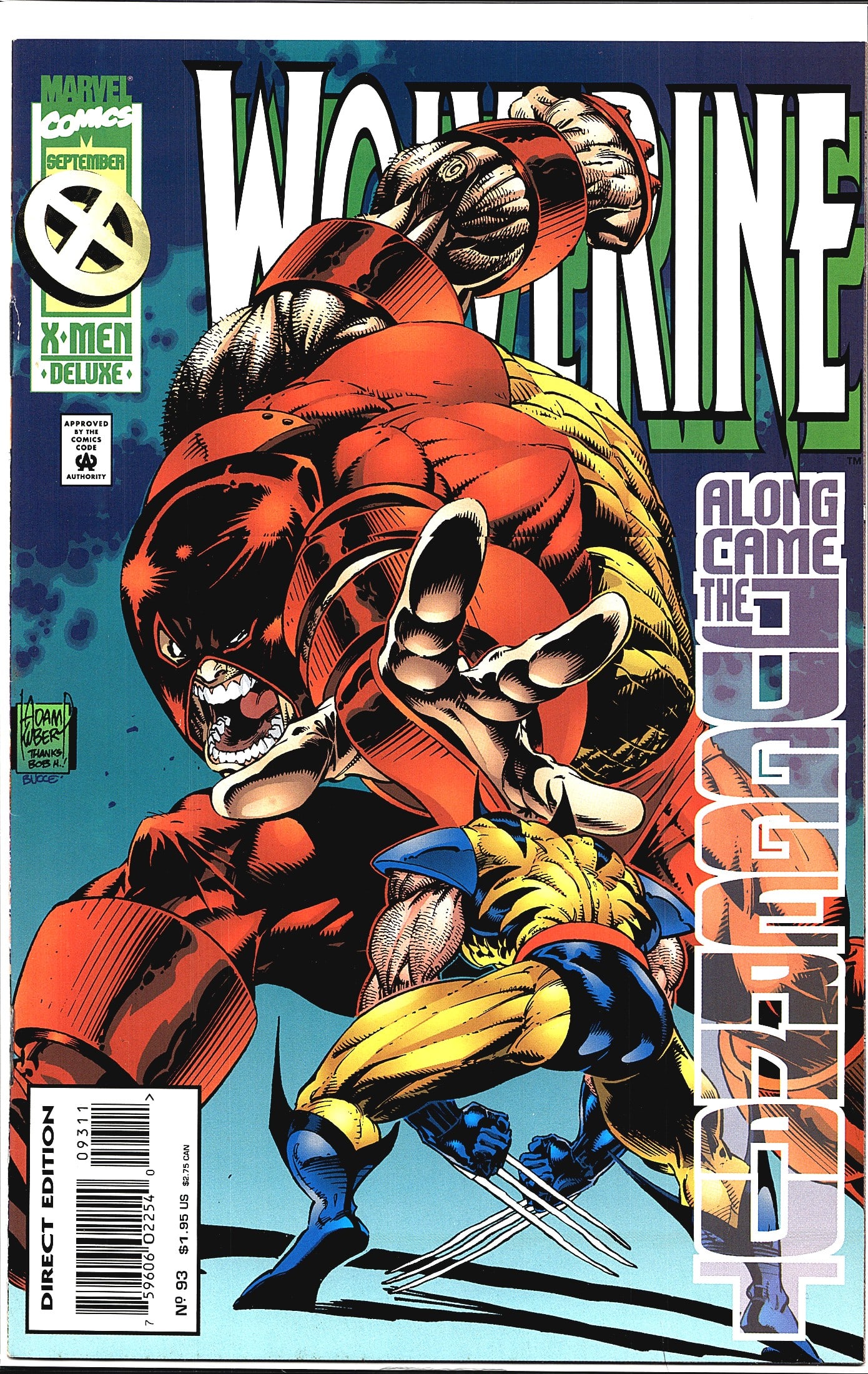 1995 Marvel Wolverine #93 Newsstand Variant Comic: This is Wolverine #93 published by Marvel Comics, dated September 1995, part of the X-Men Deluxe line. The cover features a dramatic confrontation between Wolverine in his classic blue-and-yellow cost