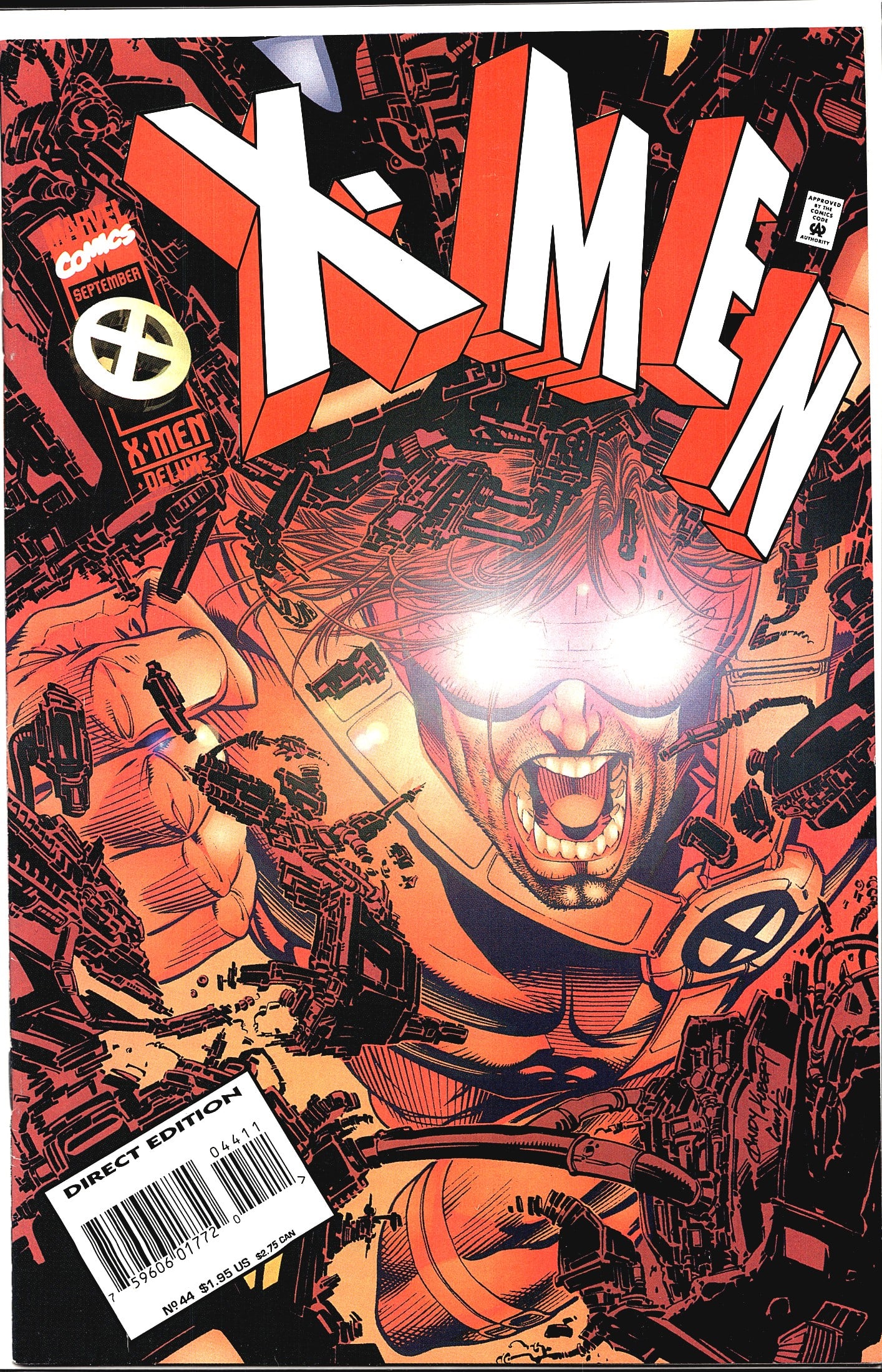 X-Men #44 Marvel Comics September 1995 Direct: X-Men #44 published by Marvel Comics, dated September 1995, Direct Edition. This issue features a dramatic cover depicting a figure - appearing to be Cyclops - with glowing eyes screaming amid a chaot
