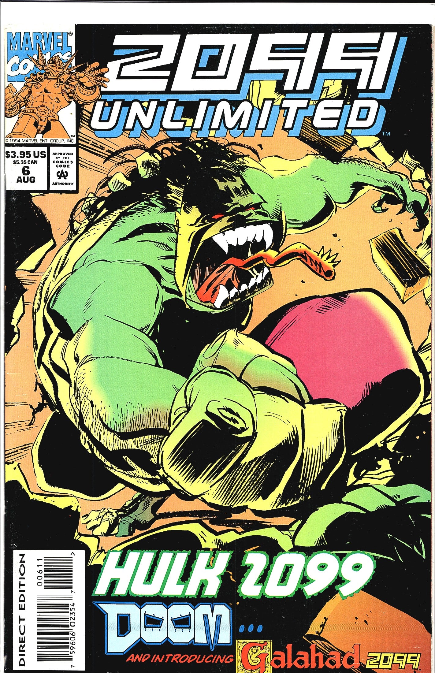 1994 Marvel 2099 Unlimited #6 Comic Book: This is issue #6 of Marvel Comics' 2099 Unlimited, published in August 1994 under the Marvel 2099 imprint. The cover prominently features Hulk 2099 in a dynamic, aggressive pose with a roaring express