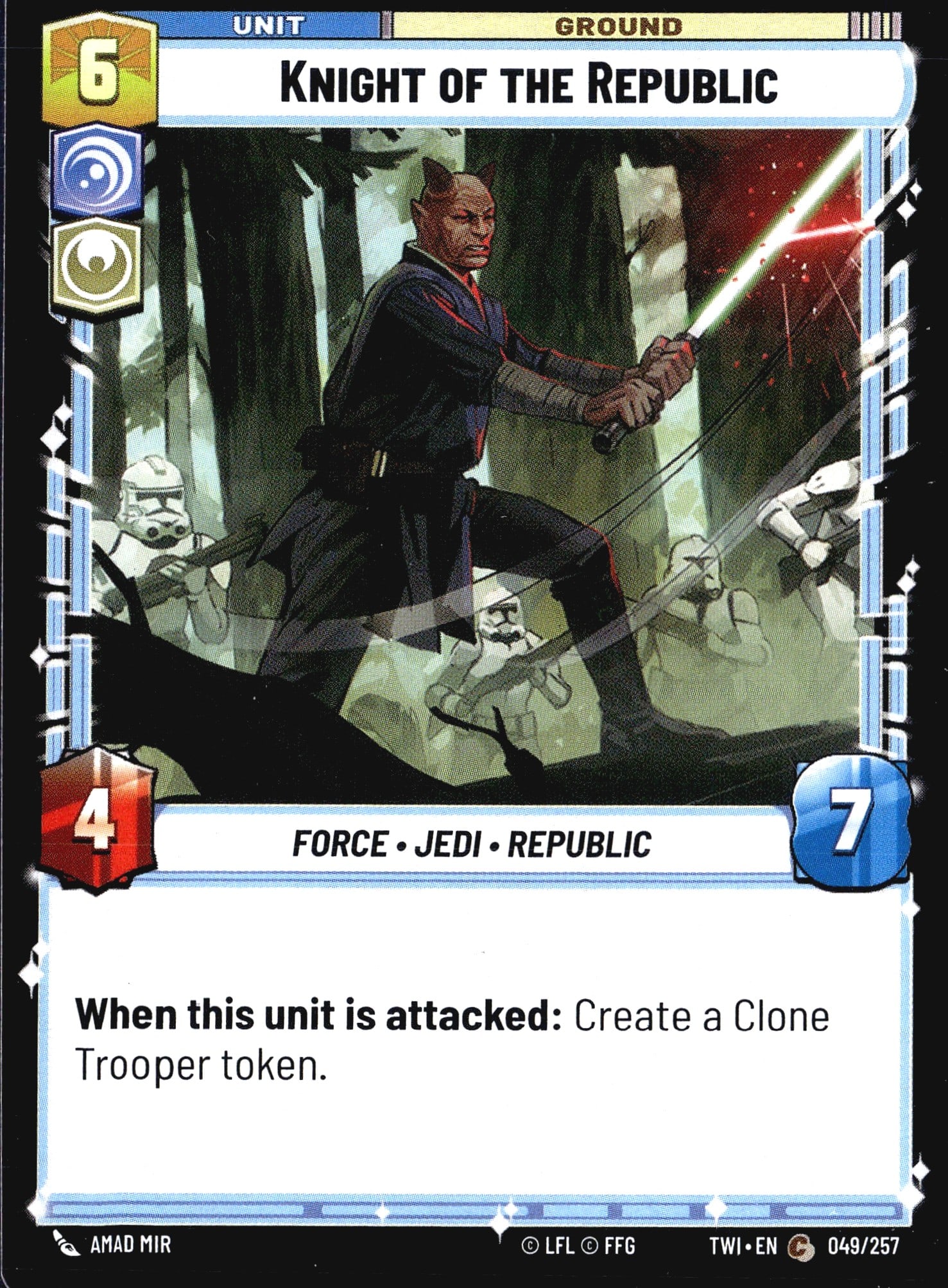 2024 FFG Star Wars Unlimited Knight of the: This listing is for Knight of the Republic, card number 049/257 from the Star Wars Unlimited: Twilight of the Republic set, published by FFG under LFL license. It is a Ground Unit card with a cost of
