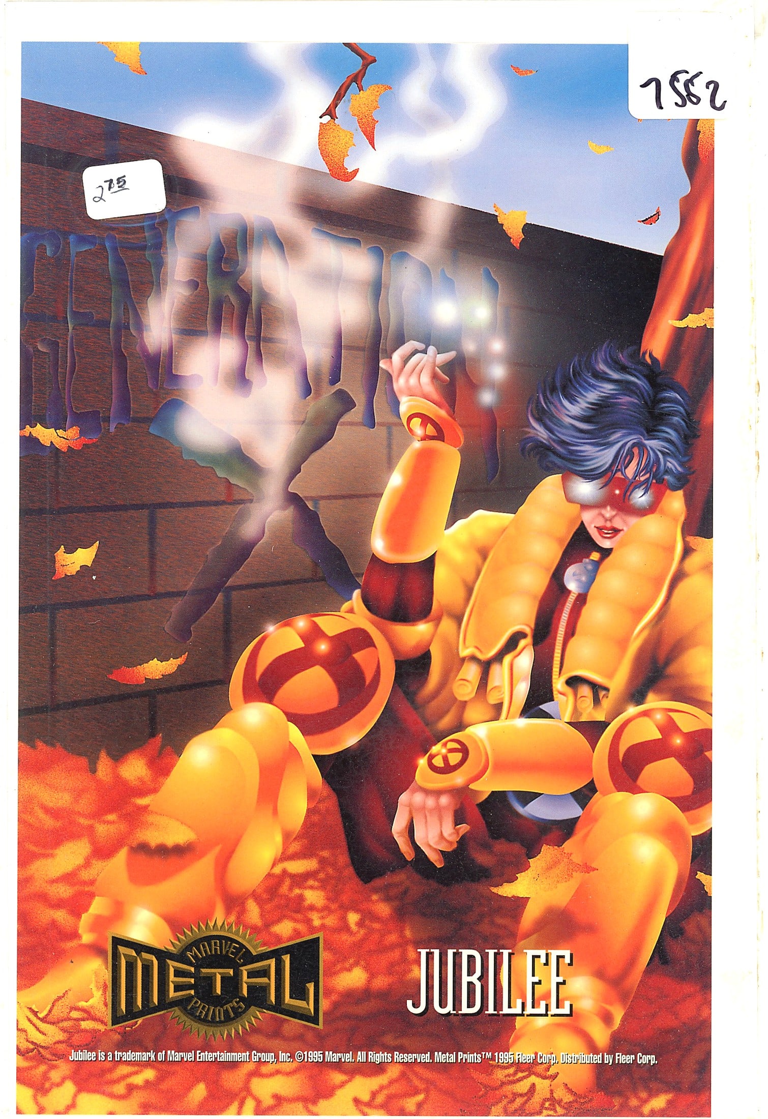 1995 Fleer Marvel Metal Prints Jubilee Oversized: This is a 1995 Fleer Marvel Metal Prints collectible card featuring Jubilee from the X-Men's Generation X team. The artwork depicts Jubilee seated against a brick wall surrounded by autumn leaves,