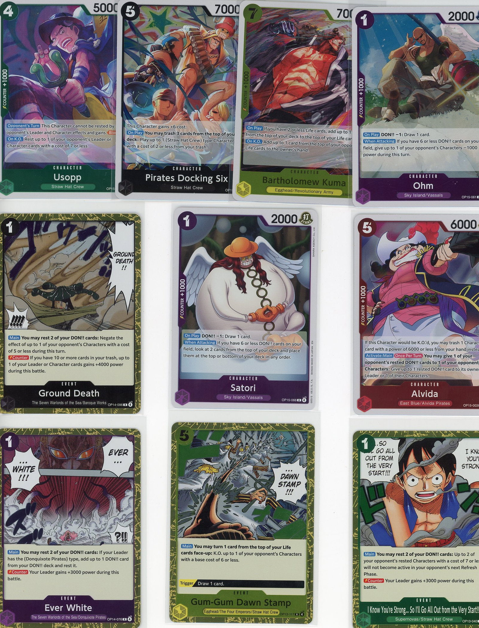 Lot of 10 One Piece Foil Trading Cards - Bandai: This lot contains 10 One Piece foil trading cards from Bandai's official One Piece Trading Card Game. The collection features a diverse mix of characters including Usopp, Pirates Gocking Six,