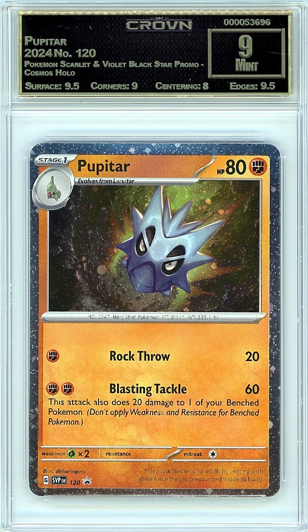 2024 Pupitar Pokemon Scarlet & Violet Black Star: This 2024 Pupitar Pokemon Scarlet & Violet Black Star Promo features stunning Cosmos Holo technology and arrives in a Crown Grade 9.00 slab, making it an exceptional addition to any serious