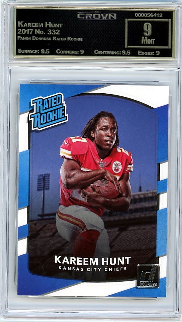 2017 Kareem Hunt Panini Donruss Rated Rookie: This is a 2017 Kareem Hunt Panini Donruss Rated Rookie card #332, professionally graded and encased by Crown. The card captures Hunt as a rookie, a key collectible for fans of the running back and his