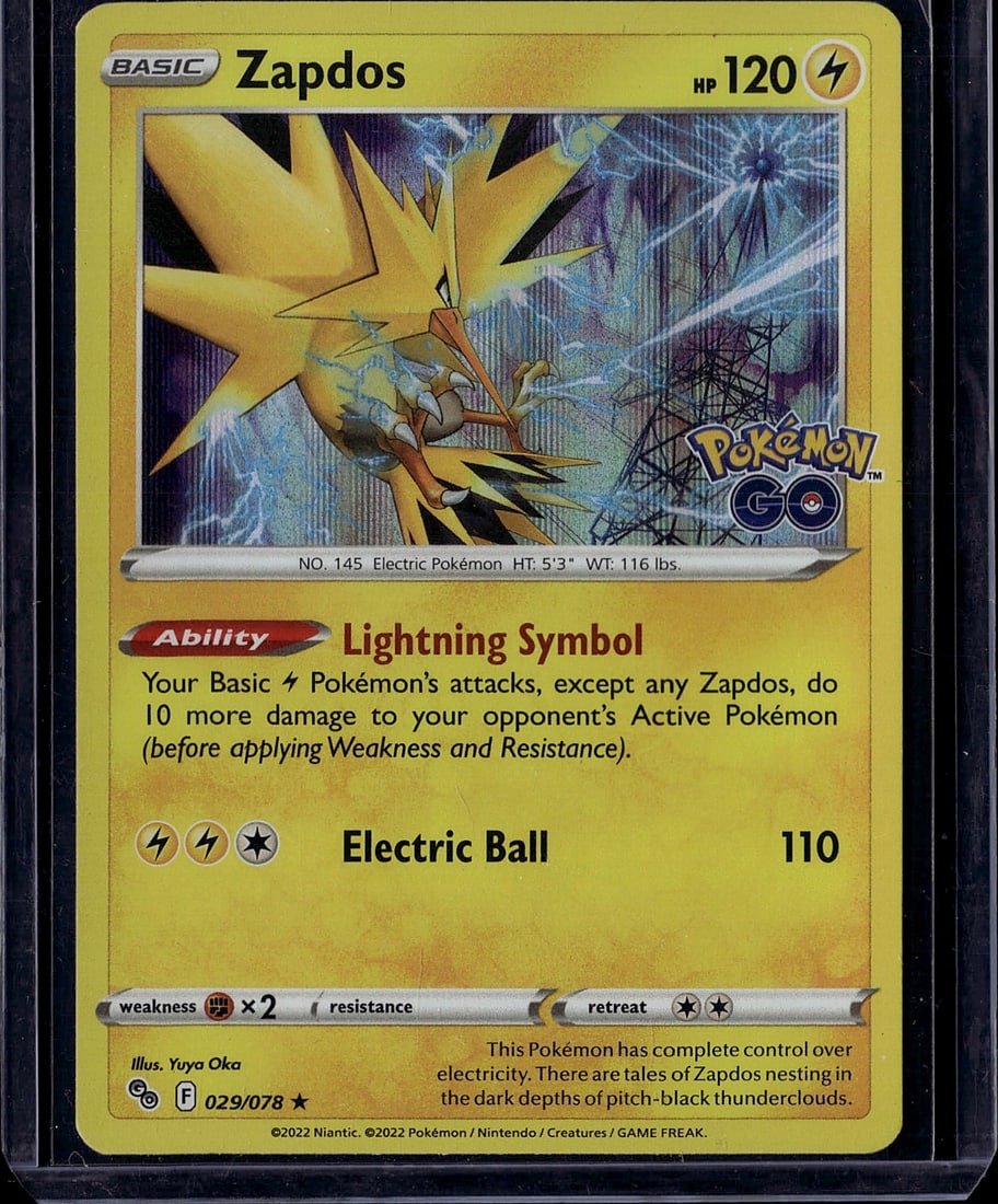 Zapdos 029/078 Pokemon GO 2022 Electric Basic: This is a raw Zapdos Basic Pokemon single from the 2022 Pokemon GO set, card number 029/078. Zapdos is a legendary Electric-type Pokemon standing 5'3" tall and weighing 116 lbs. The card features stun