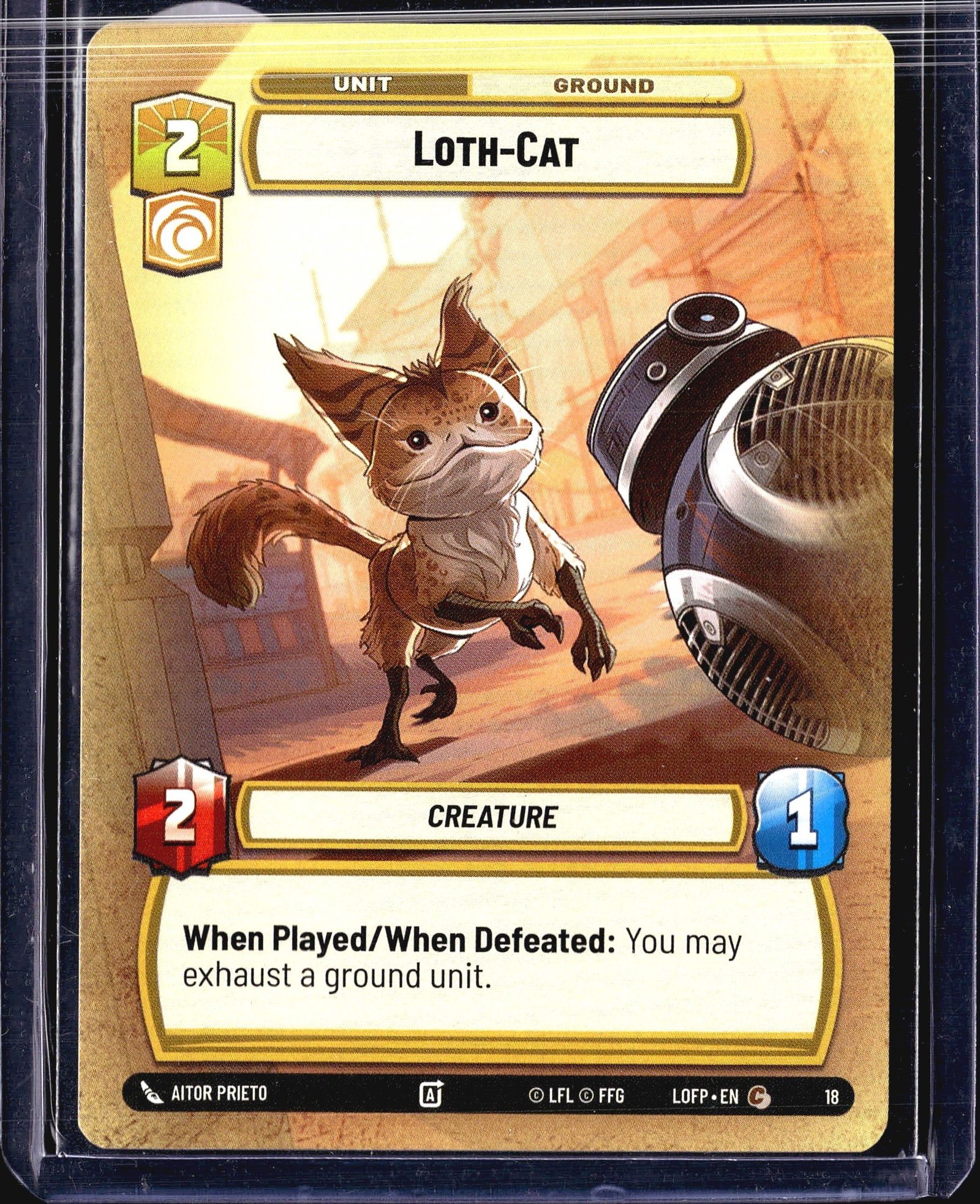 2024 FFG Legends of the Force Loth-Cat #207 Star: This listing is for the Loth-Cat (card #18) from the Star Wars Unlimited trading card game, set Legends of the Force (LOFP). It is a Ground Unit card with a cost of 2, an attack value of 2, and a HP