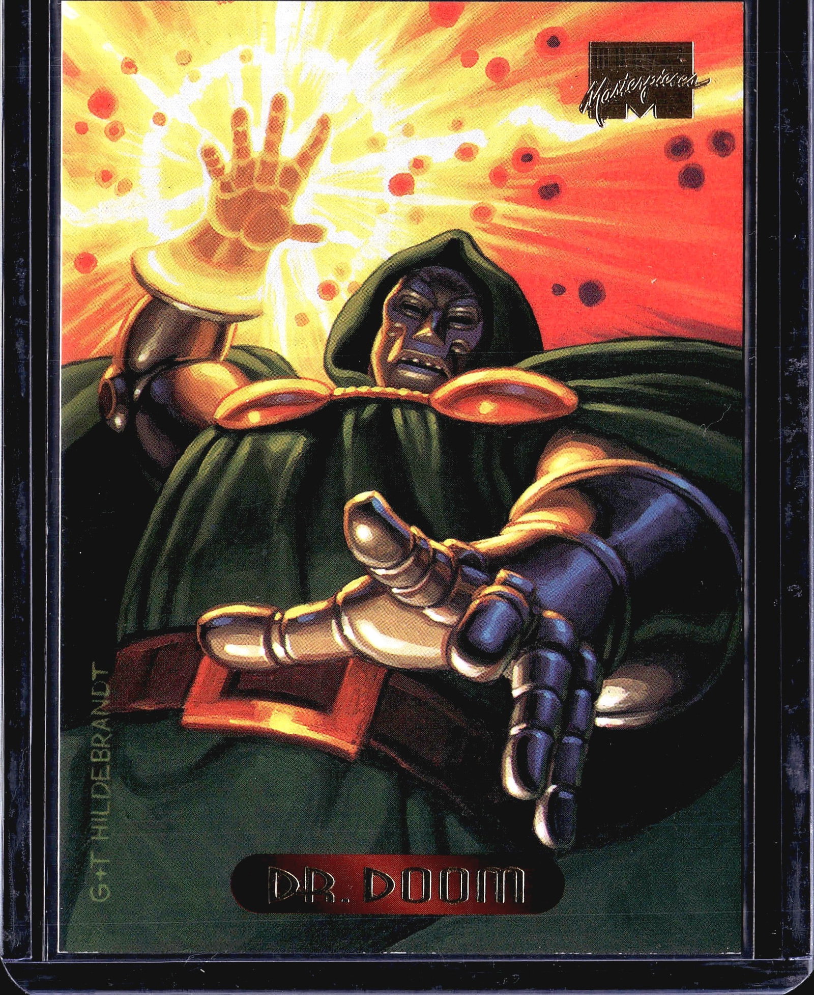 1994 Fleer Marvel Masterpieces #31 Dr. Doom: This is card #31 from the 1994 Fleer Marvel Masterpieces trading card set, featuring the iconic Marvel villain Dr. Doom. The artwork was created by Greg and Tim Hildebrandt, as credited on both the fr