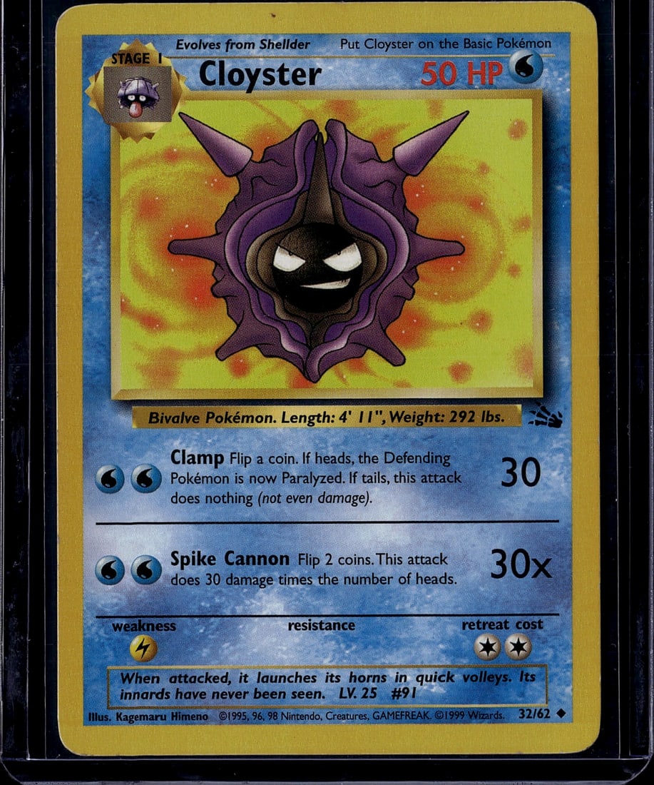 1999 Wizards of the Coast Fossil Cloyster 32/62: Cloyster 32/62 is an Uncommon Stage 1 Water-type Pokemon card from the 1999 Fossil set (the third English TCG expansion, released October 10, 1999), printed by Wizards of the Coast. It evolves from