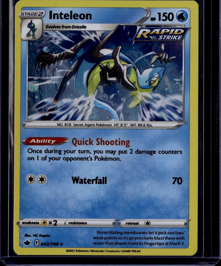 2021 Pokemon Sword Shield Chilling Reign: Inteleon 043/198 is a Holo Rare Stage 2 Water-type Pokemon card from the Sword & Shield: Chilling Reign expansion, released June 2021. It carries the Rapid Strike sub-type designation and features