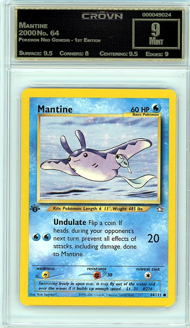 2000 Mantine Pokemon Neo Genesis - 1st Edition: Graded by Crown Grading. Grade: 9.00. Mint