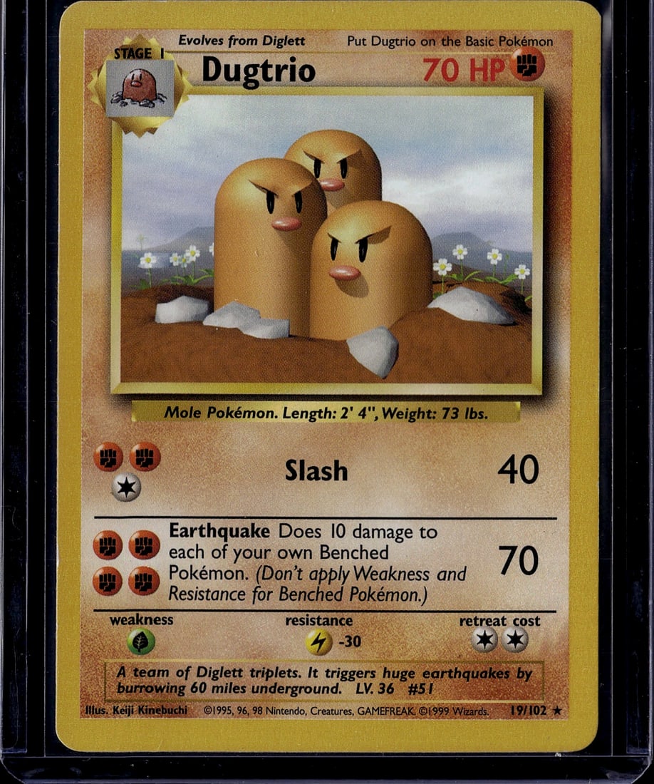 1999 Pokemon Base Set Dugtrio #19/102 Stage 1: This is an exceptional 1999 Pokemon Base Set Dugtrio card (#19/102), a Stage 1 evolution that evolves from Diglett. Featuring the classic artwork by Keiji Kinebuchi, Dugtrio is a Mole Pokemon