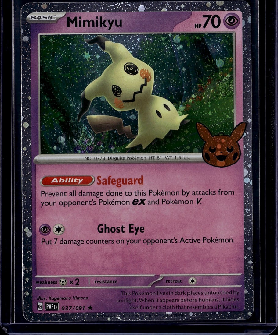 Mimikyu 037/091 Scarlet Violet Pokemon Card: This is a Mimikyu Basic Pokemon card from the Scarlet & Violet set, card number 037/091. The card features beautiful full-art illustration by Kagemaru Himeno showcasing Mimikyu in a starry, dark