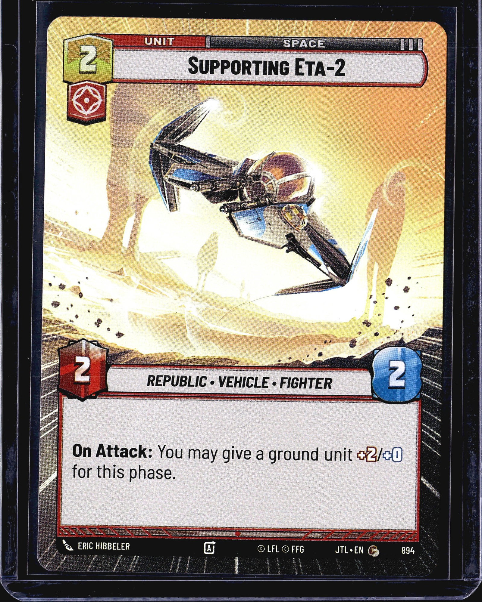 2024 FFG Jump to Lightspeed #160 Supporting: This is Supporting Eta-2, card #894 from the Star Wars Unlimited trading card game set Jump to Lightspeed (JTL). It is a Unit card of the Space arena type, affiliated with the Republic faction and