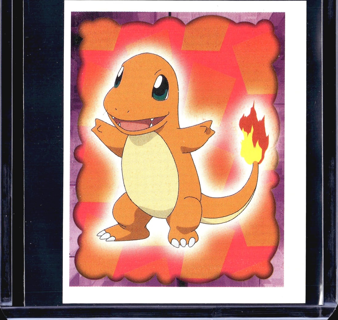 1999 Topps Merlin Pokemon Sticker Collection: This is sticker #4 from the 1999 Merlin Collections official Pokemon sticker series, featuring Charmander - the Fire-type starter Pokemon - set against a vibrant orange and purple background with a gl