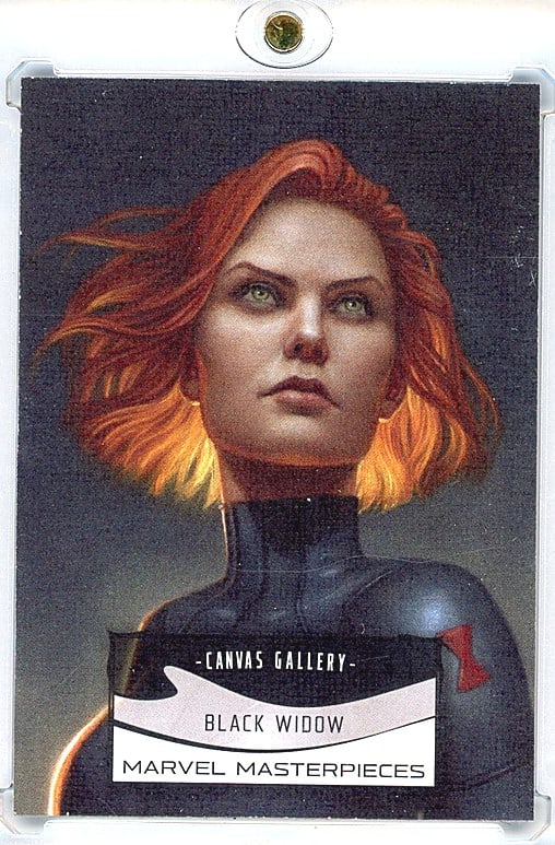 2022 Upper Deck Marvel Masterpieces Canvas: This is card #99 from the 2022 SkyBox Marvel Masterpieces Canvas Gallery insert set, featuring Black Widow (Natalia Romanova). The front showcases a striking painted portrait by artist Dan dos