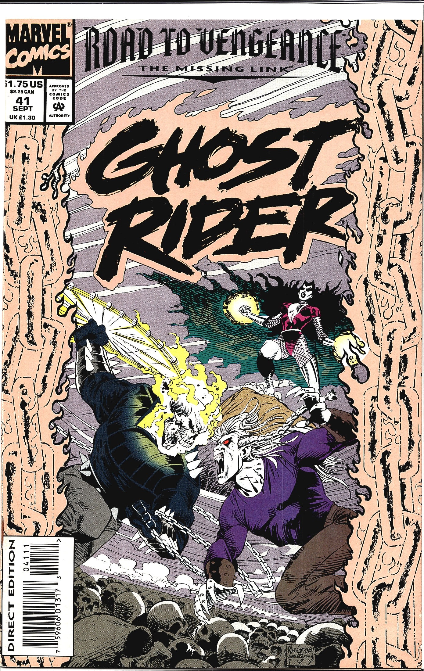 1993 Marvel Comics Ghost Rider Road to Vengeance: Ghost Rider #41 published by Marvel Comics, cover dated September 1993, priced at $1.75 US. This issue is part of the 'Road to Vengeance: The Missing Link' storyline. The cover art, signed by Ron Garn