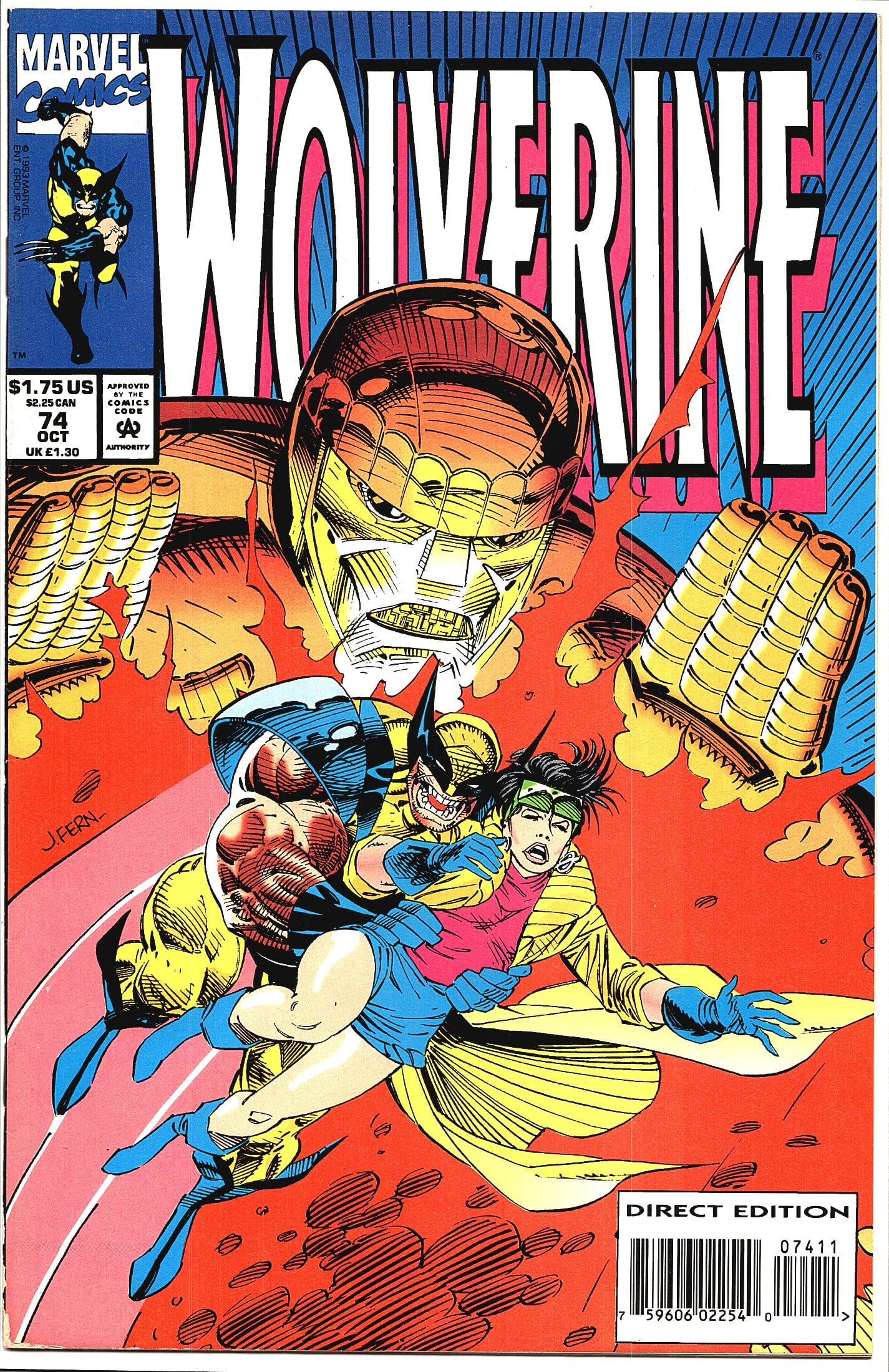 Wolverine #74 Marvel Comics Oct 1993 Direct: Wolverine #74 from Marvel Comics, published October 1993, priced at $1.75 US / $2.25 CAN / 1.30 UK. This is a Direct Edition copy, as indicated by the barcode region notation. The cover art, signed by