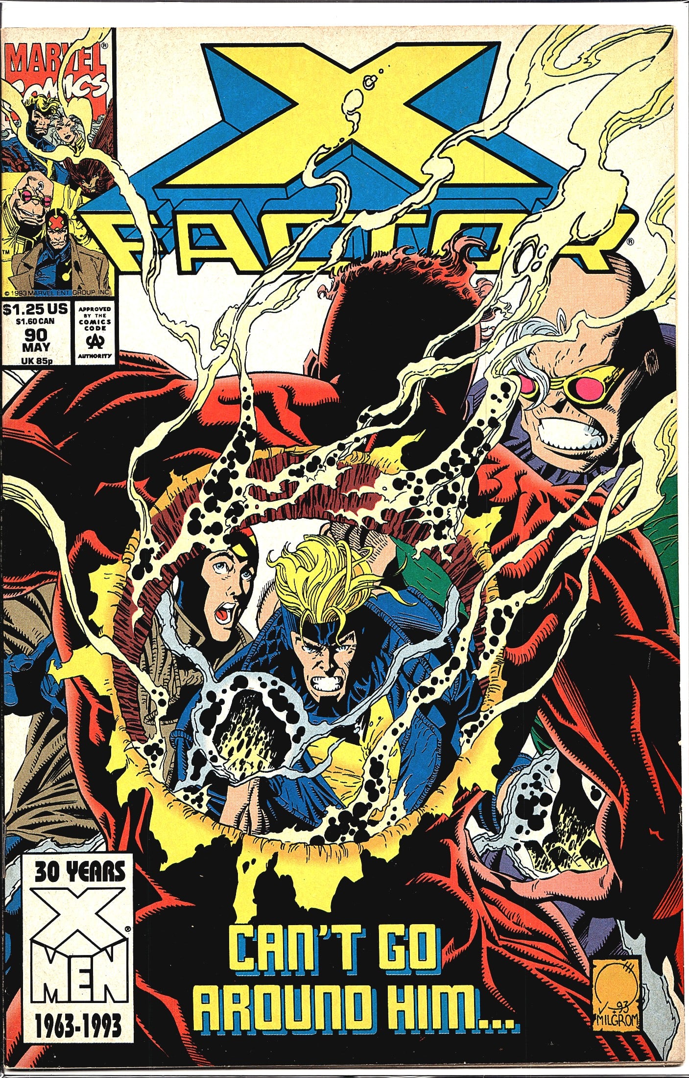 X-Factor #90 1993 Marvel Comics Comic Book: X-Factor #90 published by Marvel Comics, cover dated May 1993. This issue features cover art by Milgrom (signed and dated '93 on the cover) and carries the tagline 'Can't Go Around Him...' The cover d