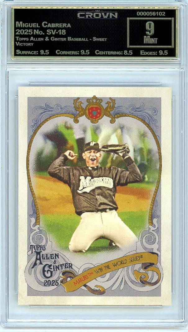 2025 Miguel Cabrera Topps Allen & Ginter SV-18: This is a 2025 Miguel Cabrera card from the Topps Allen & Ginter Baseball - Sweet Victory set, card number SV-18. It's a professionally graded slab that captures a key piece of modern baseball card