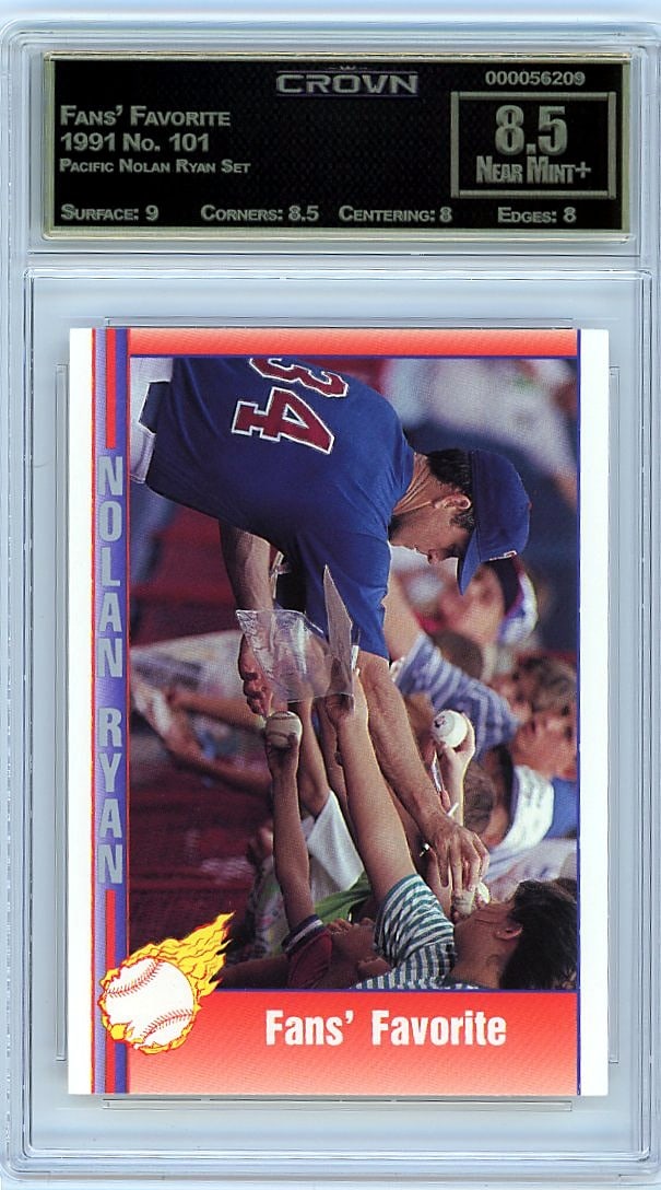 1991 Pacific Nolan Ryan Set #101 Fans' Favorite: This is a 1991 Pacific Nolan Ryan Set card #101 featuring Fans' Favorite, professionally graded and encased in a protective slab. The card comes from the highly sought Pacific Nolan Ryan Set, a