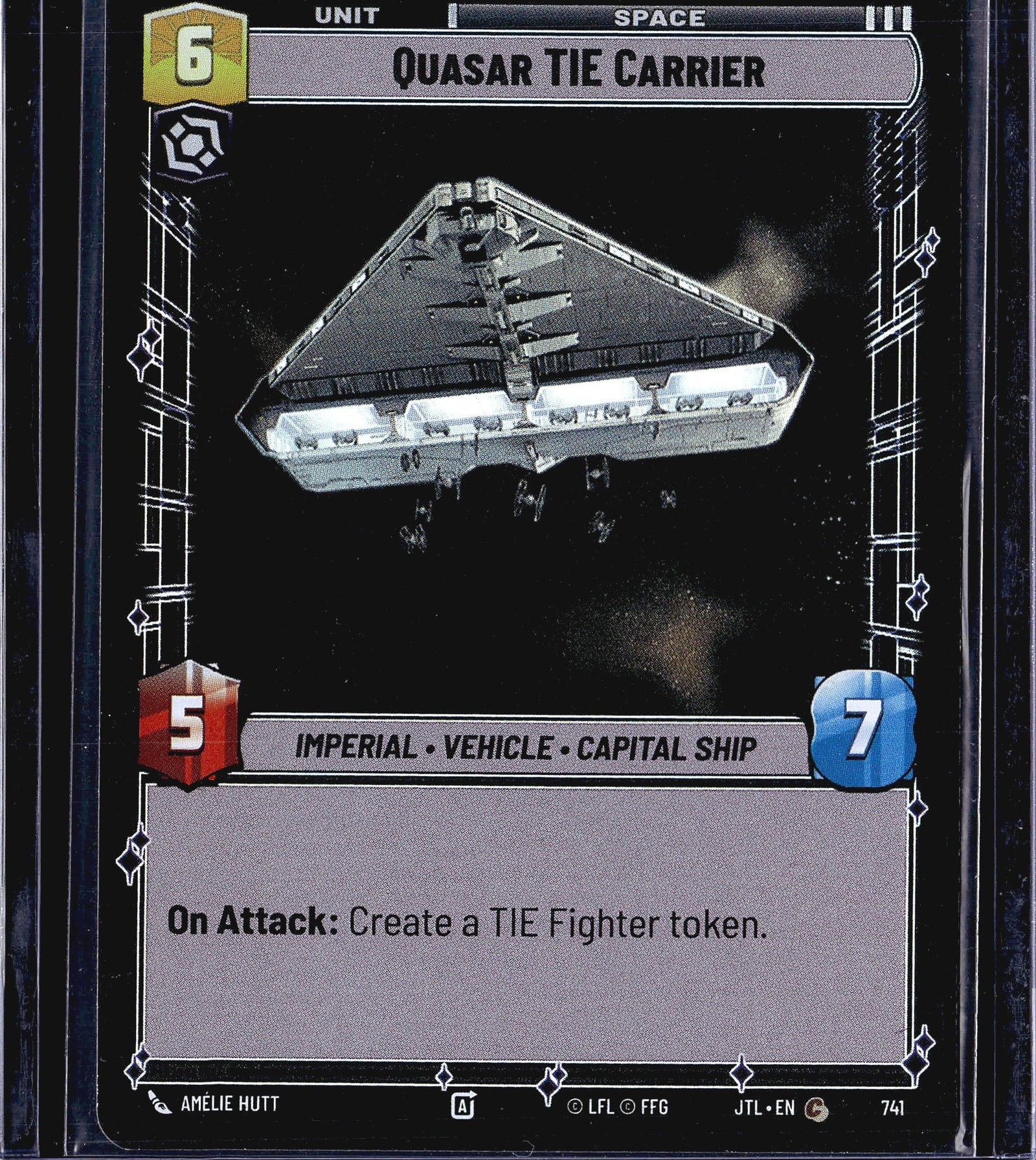 2025 Fantasy Flight Games Star Wars Unlimited: This listing is for the Quasar TIE Carrier (card #741) from the Star Wars Unlimited trading card game set Jump to Lightspeed (set code JTL). Published by Fantasy Flight Games (FFG) under LFL license,